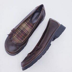 Vintage 90s y2k Brown Faux Leather Chunky Heel Oxford Buckle Preppy Loafers 8.5